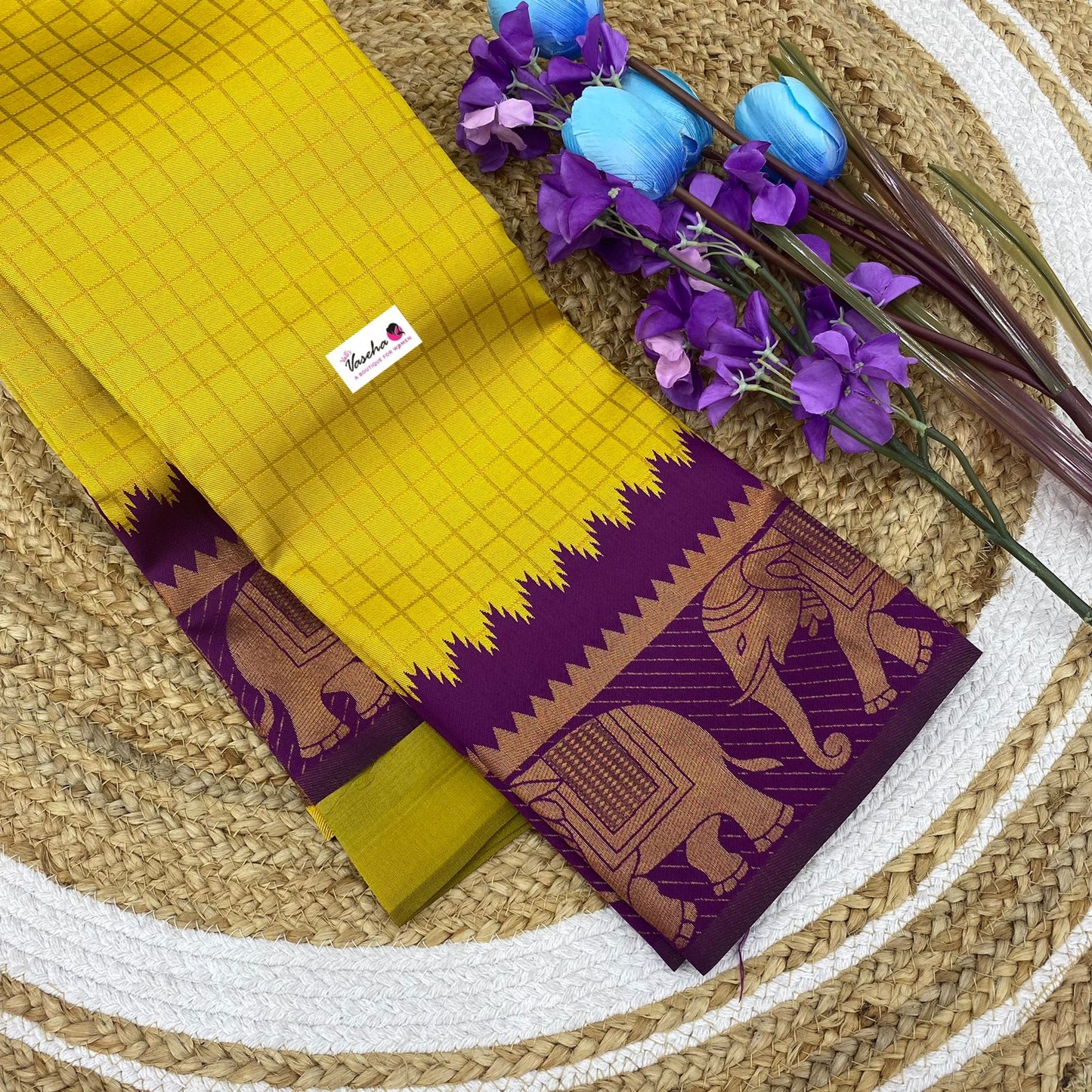 Semi Silk Saree - Kanchi Silk Style - Elephant Border - Yellow with Purple - VVSSS005