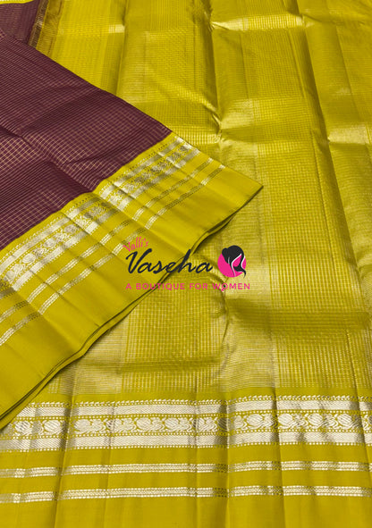 Pure Vintage Korvai Kanchipuram Silk Saree - Brown With Lemon Green - VVPS102