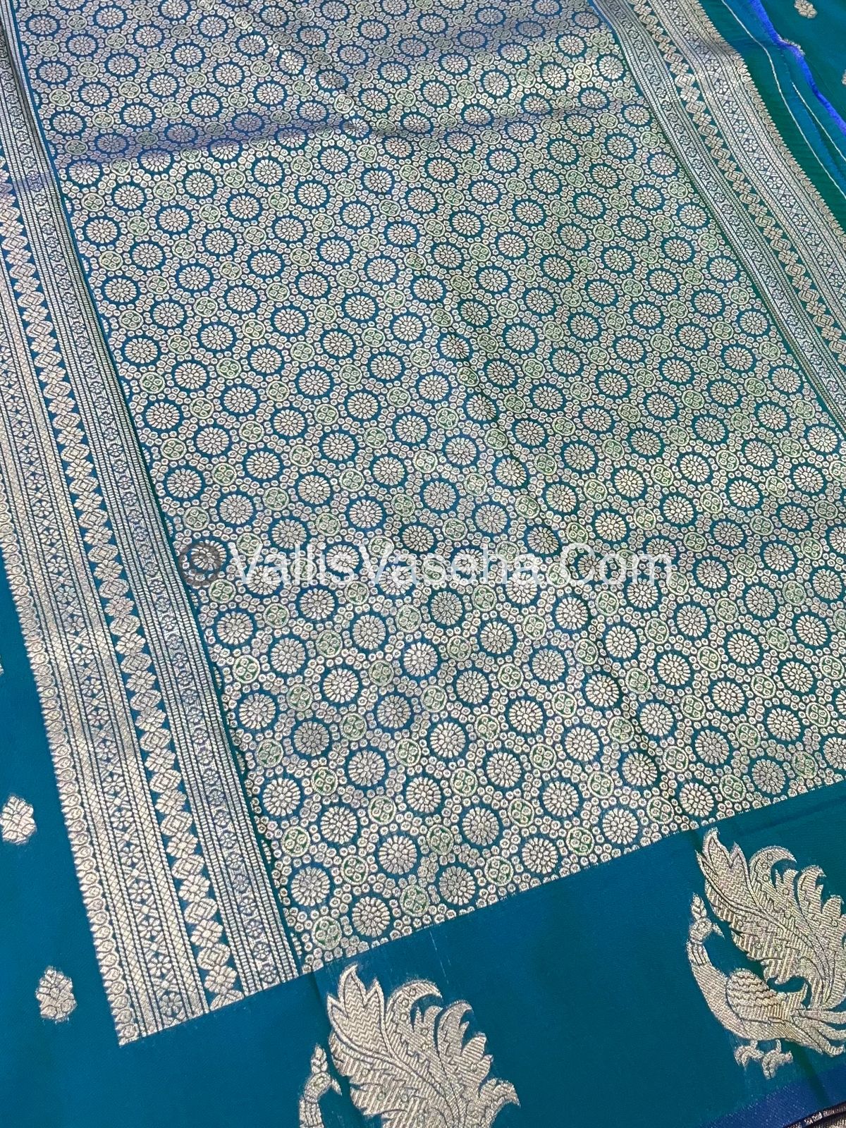 Semi Soft Silk - Peacock Butta Border - Peacock blue Shade -VVSSS014