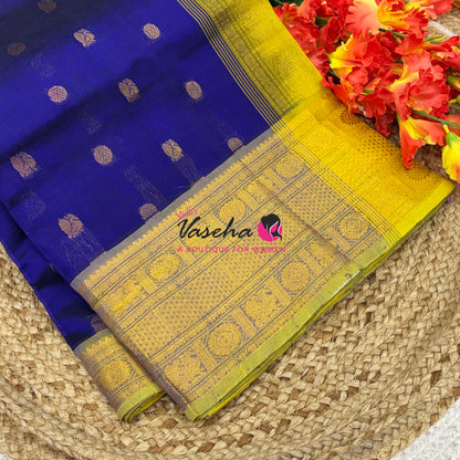 Pure Korvai Silk Cotton  -  Kanchi Border - Blue With Yellow Shade - VVKSC032