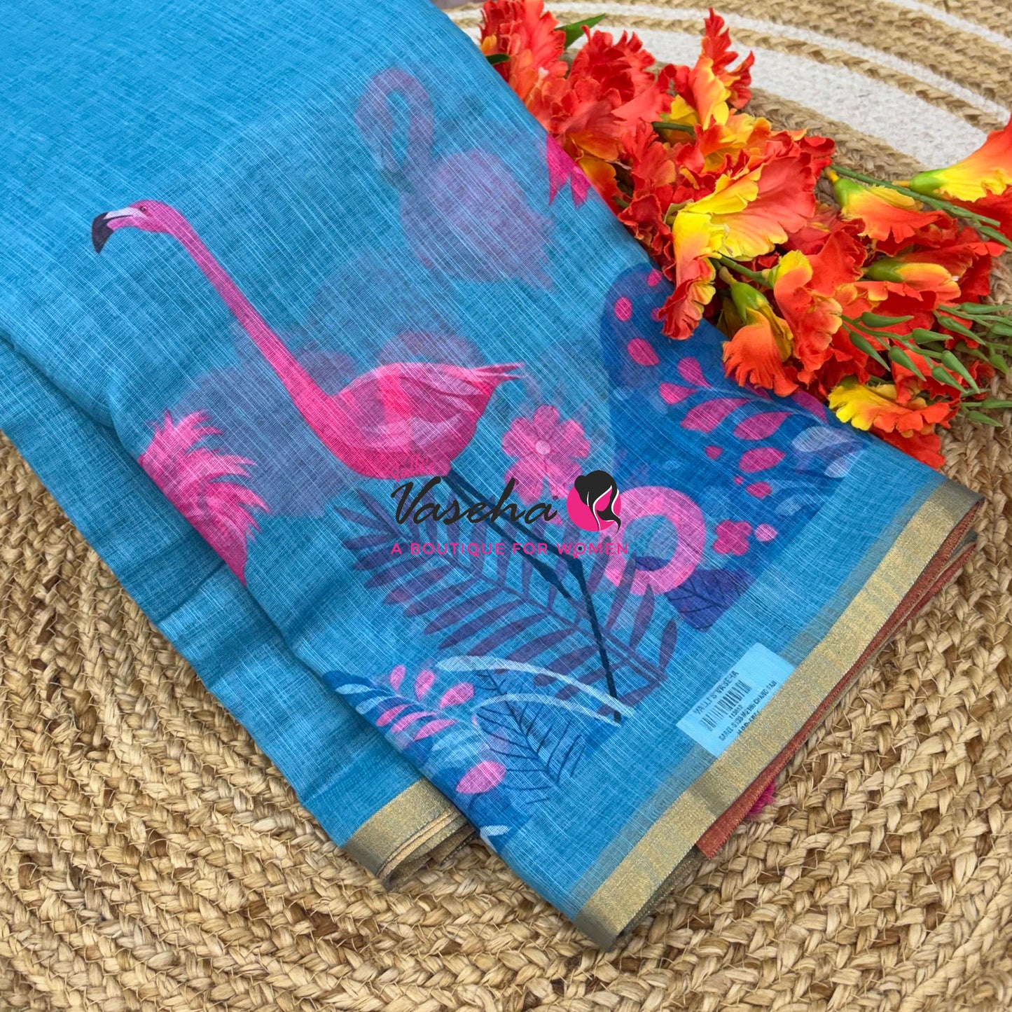 Linen Mixed Cotton Saree - Printed - Blue  With Pink Shade - VVLMP002