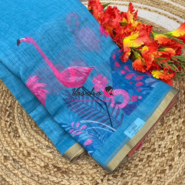 Linen Mixed Cotton Saree - Printed - Blue  With Pink Shade - VVLMP002