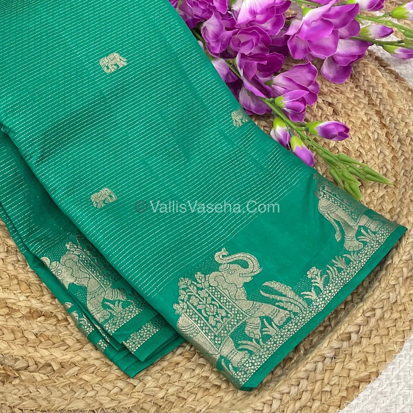 Semi Tussar Silk - Vairavoosi & Elephant Design -  Green shade-VVSTS019