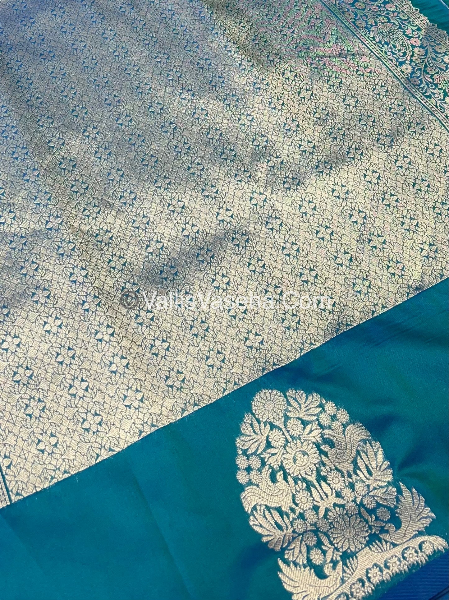 Semi Soft Silk - Tree With Double Birds Butta Border - Peacock Blue Shade -VVSSS011