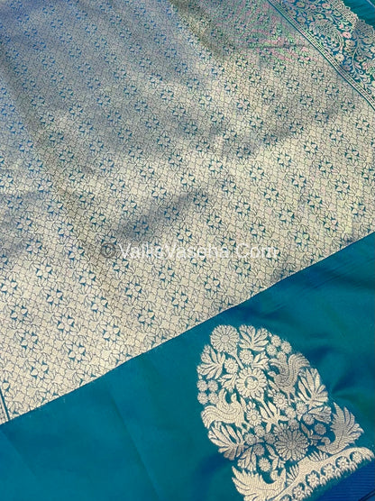 Semi Soft Silk - Tree With Double Birds Butta Border - Peacock Blue Shade -VVSSS011