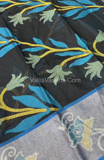 Banarasi Pochampally Weaving Semi Soft Cotton Saree - Black with Blue - VVBPS001