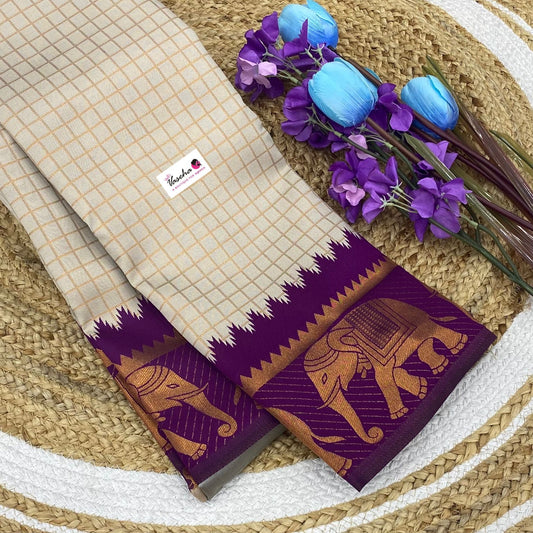 Semi Silk Saree - Kanchi Silk Style - Elephant Border - Creamish Grey with Purple  - VVSSS005