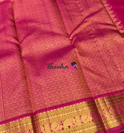Pure Vintage Korvai Kanchipuram Silk Saree - Mango Yellow & Pink Combo - VVPS046