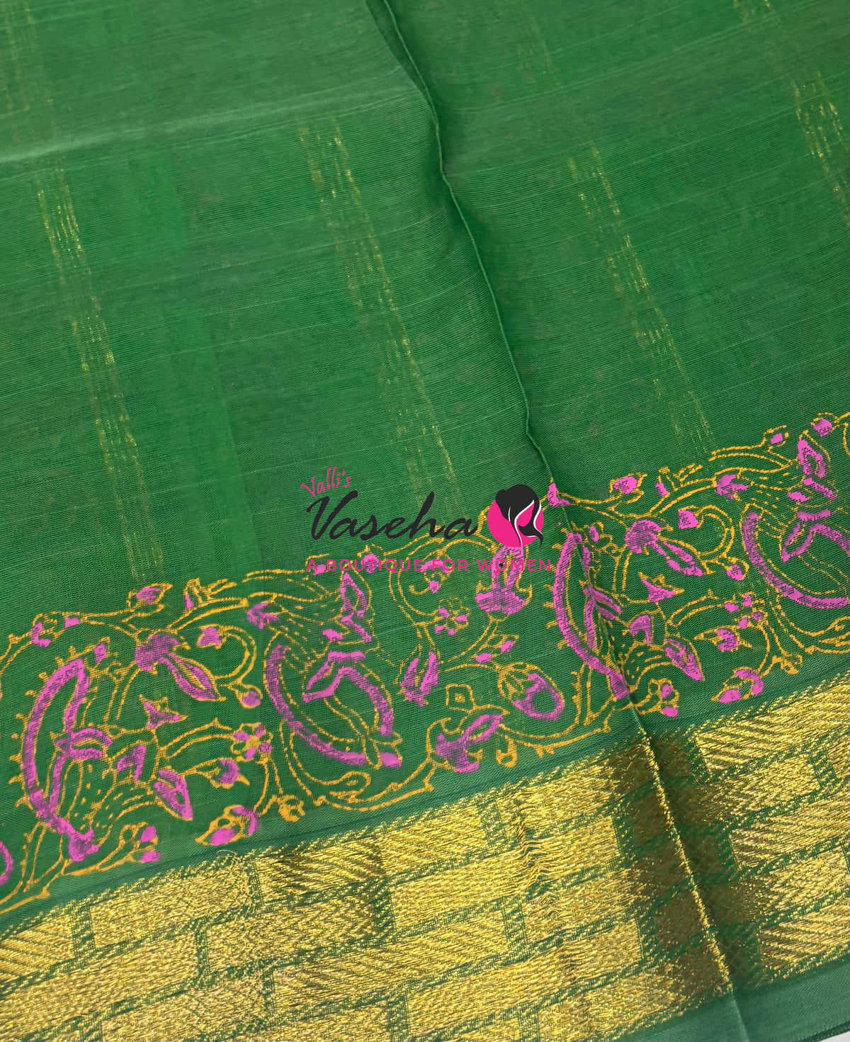 Pure Printed Silk Cotton Sarees - Peachish Pink with Green   - VVPSC004