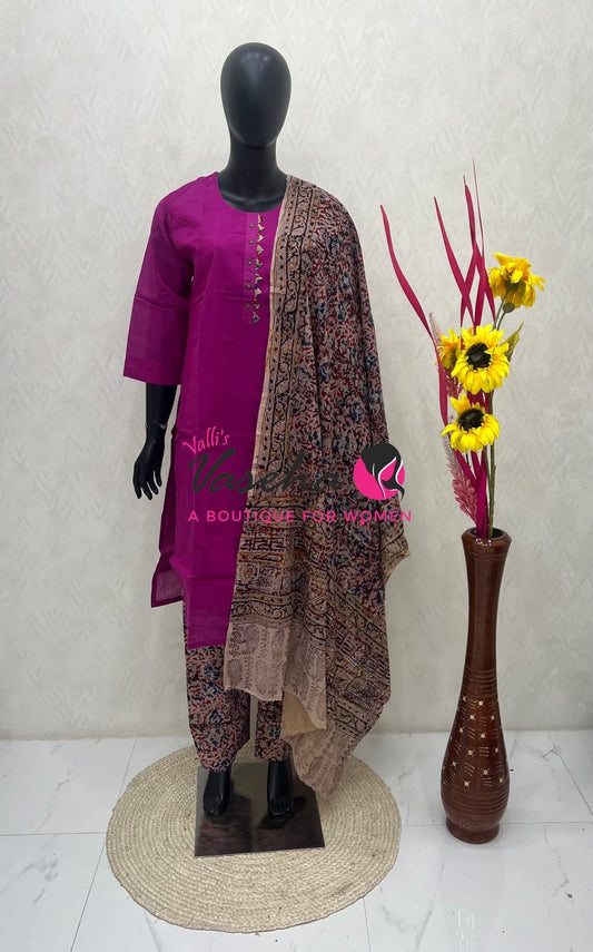 Readymade 3pc Set - Kalamkari Cotton Set - VVRMS019