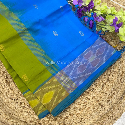 Semi Silk Cotton Saree - Mehndi Green & Blue  - VVSSC001