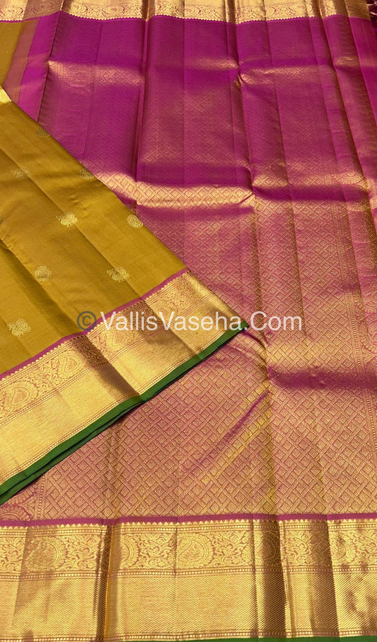 Pure Kanchipuram Silk Saree - Mustard (Vendhayam ) & Double Tone Pink Combo - VVPS014