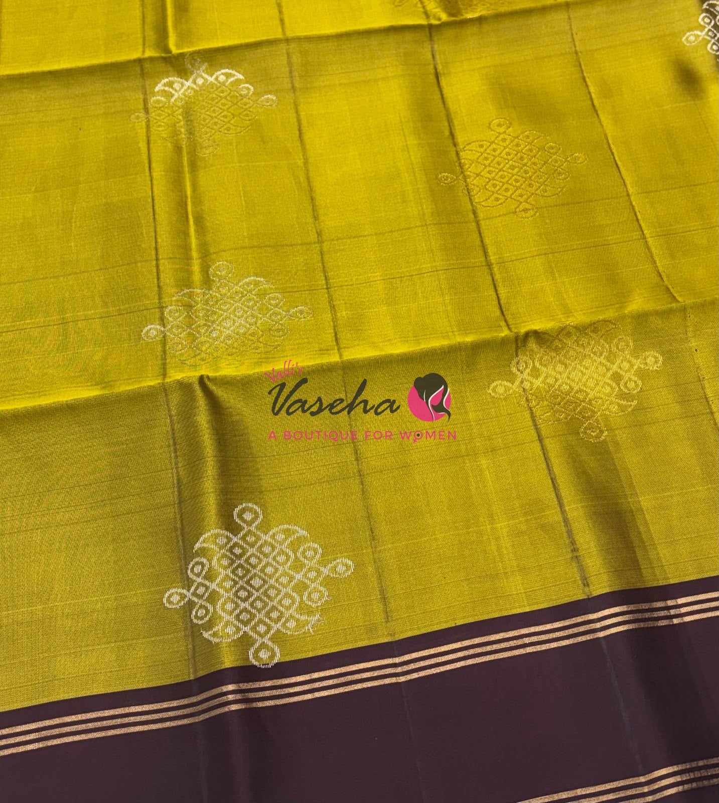 Pure Soft Silk Saree - (1.75 Warp) Kolam Design - Shade Of Lemon Green & Brown Shade - VVPSS074