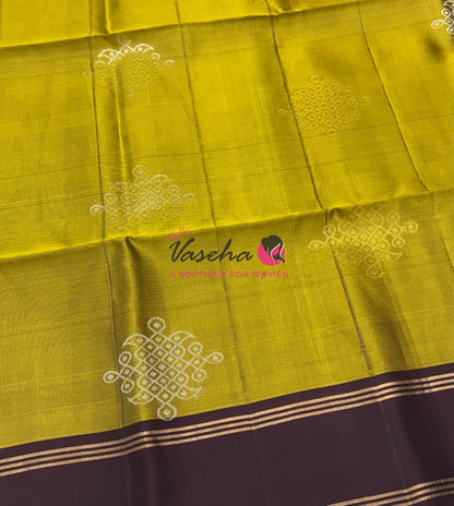Pure Soft Silk Saree - (1.75 Warp) Kolam Design - Shade Of Lemon Green & Brown Shade - VVPSS074