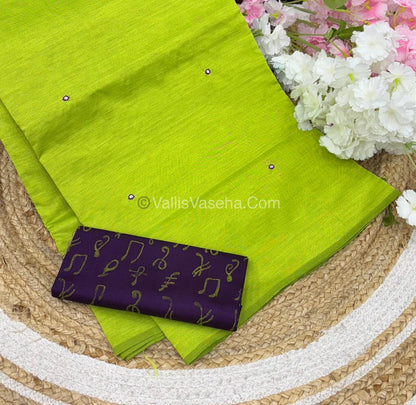Poly Silk Mixed Cotton - Mirror Work Embroidery - Green with Purple - VVPCM001