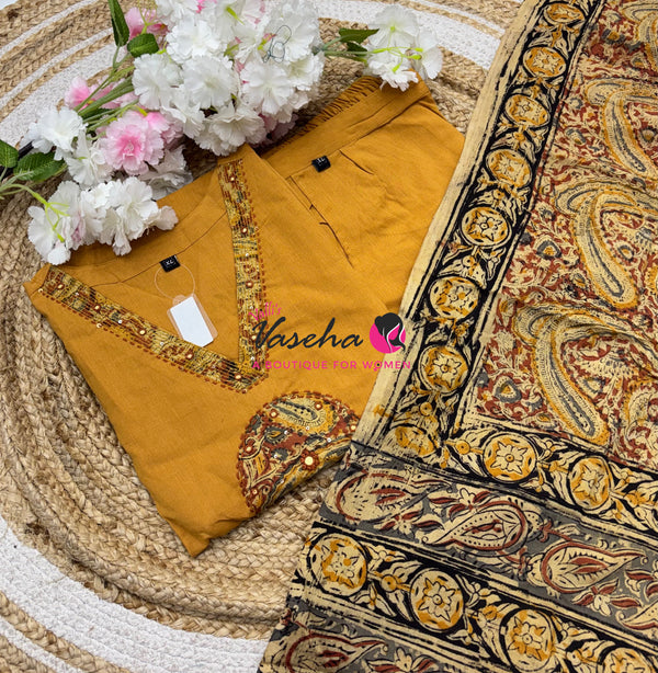 Ready Made - Pure Kalamkari Cotton - Salwar, Kameez & Duppatta(3pc)- Cotton - VVRKC001