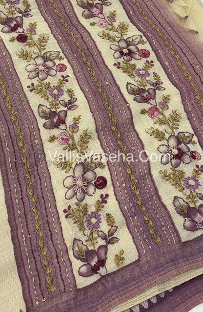 French Knot - Tissue Saree - Cream With purple Shade - VVLFN006