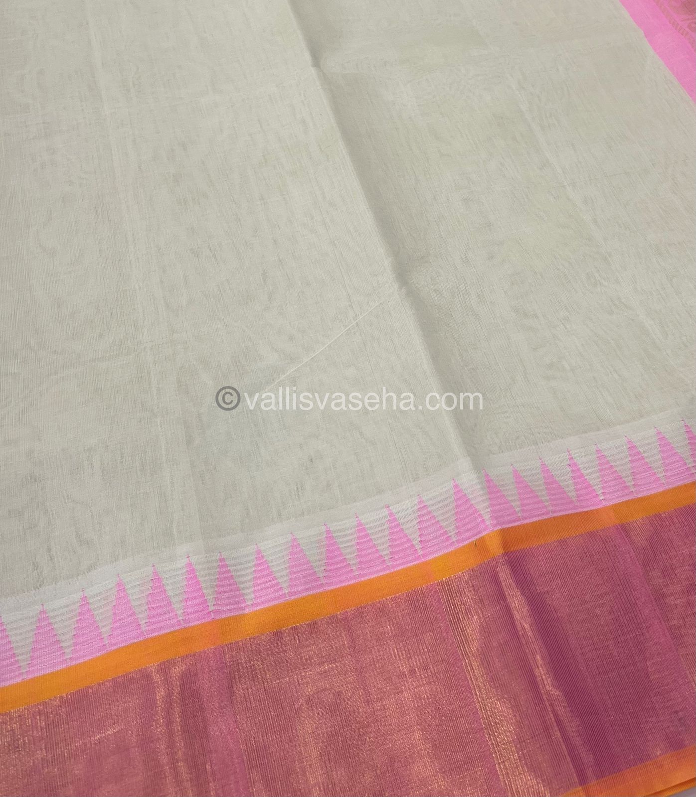 Pure Korvai Silk Cotton Saree - / Half white With Peachish yellow  - Temple border - VVKSC001