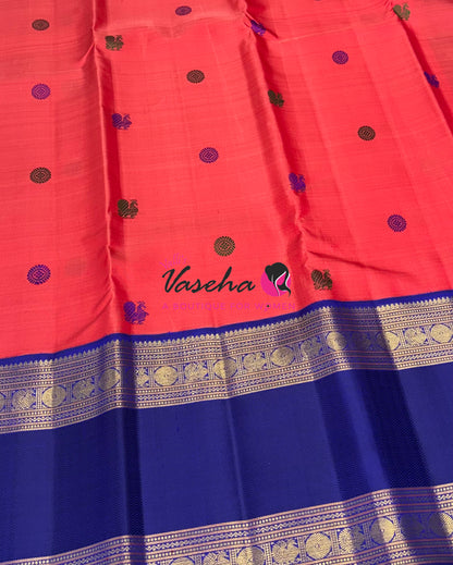 Pure Handloom Korvai Kanchipuram Silk Saree - 100% Pure Zari - Pink With Blue Combo - VVPS103