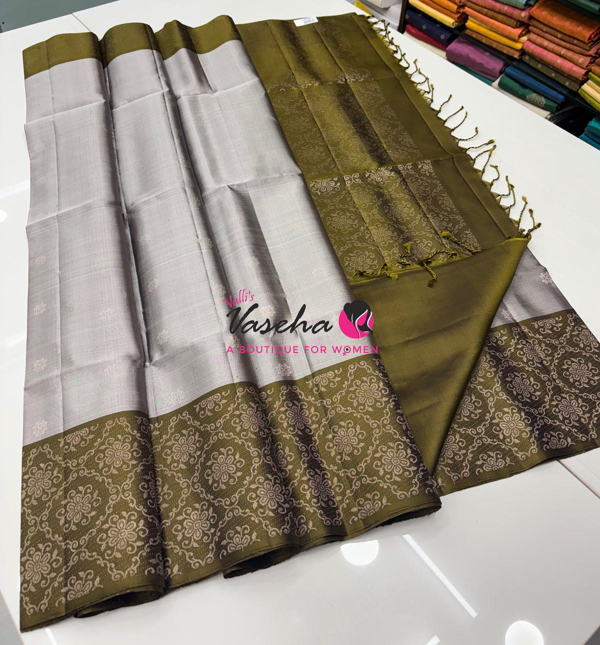 Pure Soft Silk Saree - Grey & Mahendi Green - VVPSS126