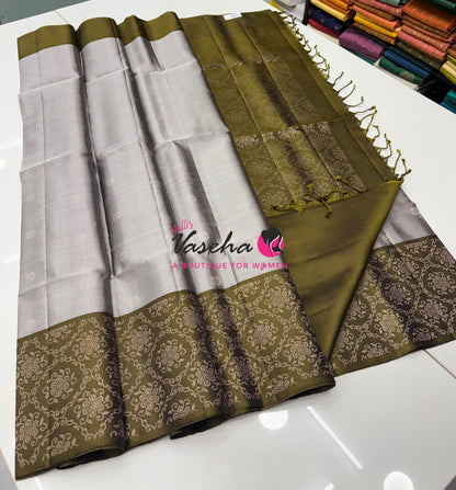 Pure Soft Silk Saree - Grey & Mahendi Green - VVPSS126