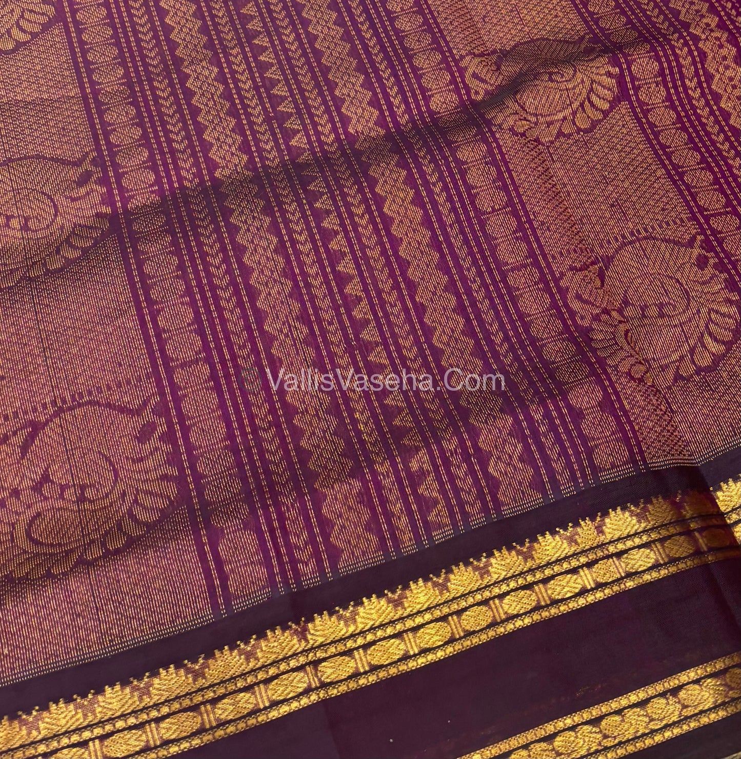 Pure Korvai Silk Cotton - Podi Kattam - Retta Petta Border - Green & Purple & with Wine  - VVKSC003