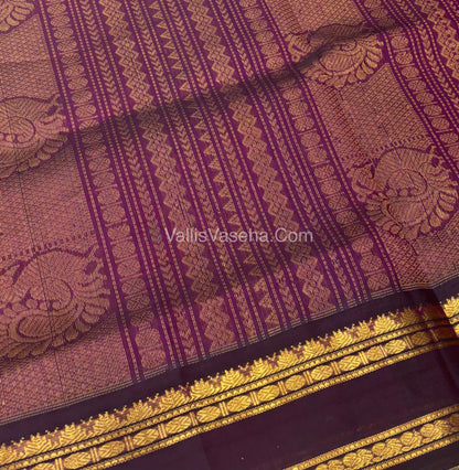 Pure Korvai Silk Cotton - Podi Kattam - Retta Petta Border - Green & Purple & with Wine  - VVKSC003
