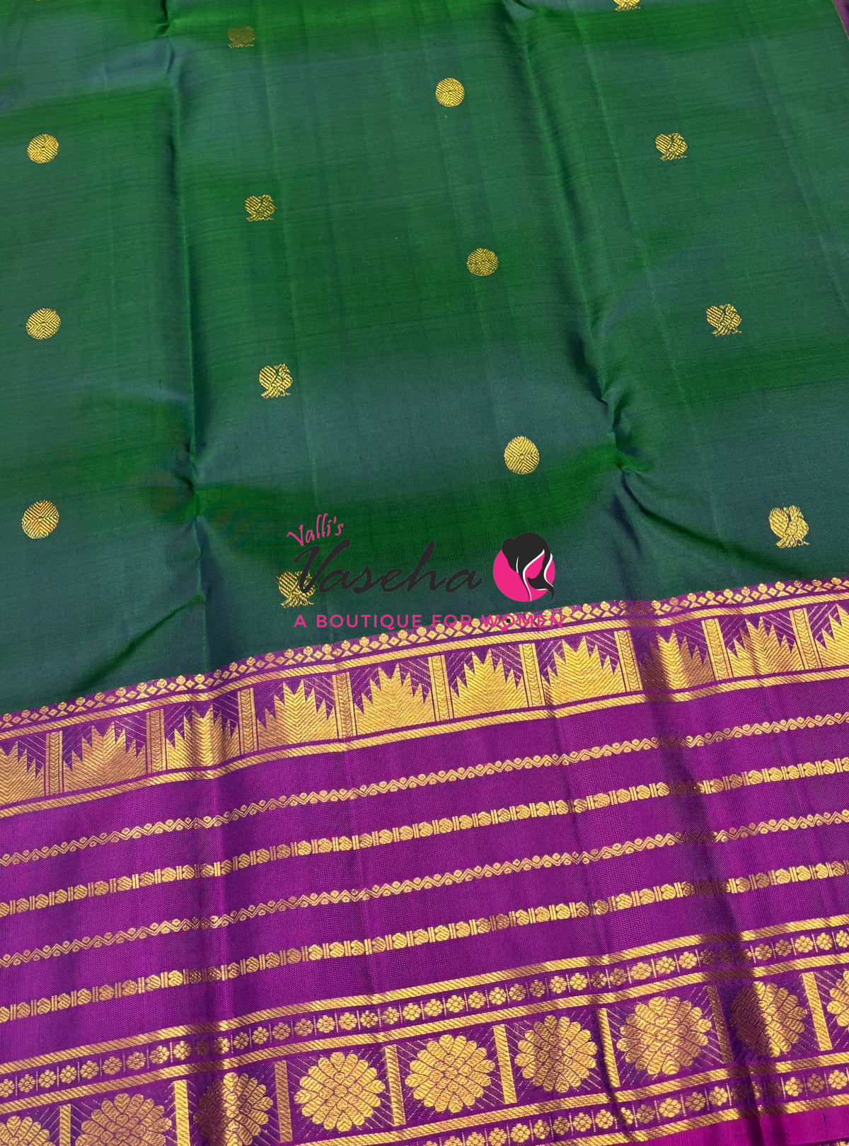 Pure Kanchipuram Silk Saree - Green With Purplish Pink - VVPS098