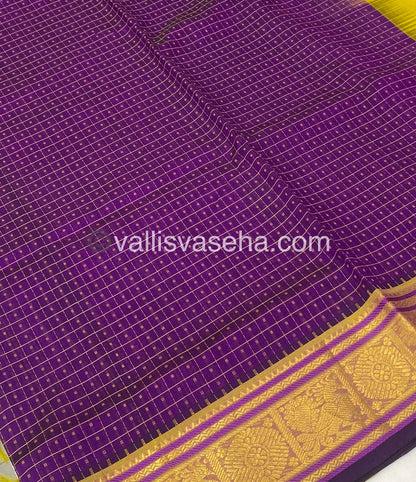 Pure Silk Cotton Saree - Purple with Lemon Yellow - Lakshadeepam Design - VVPLD001