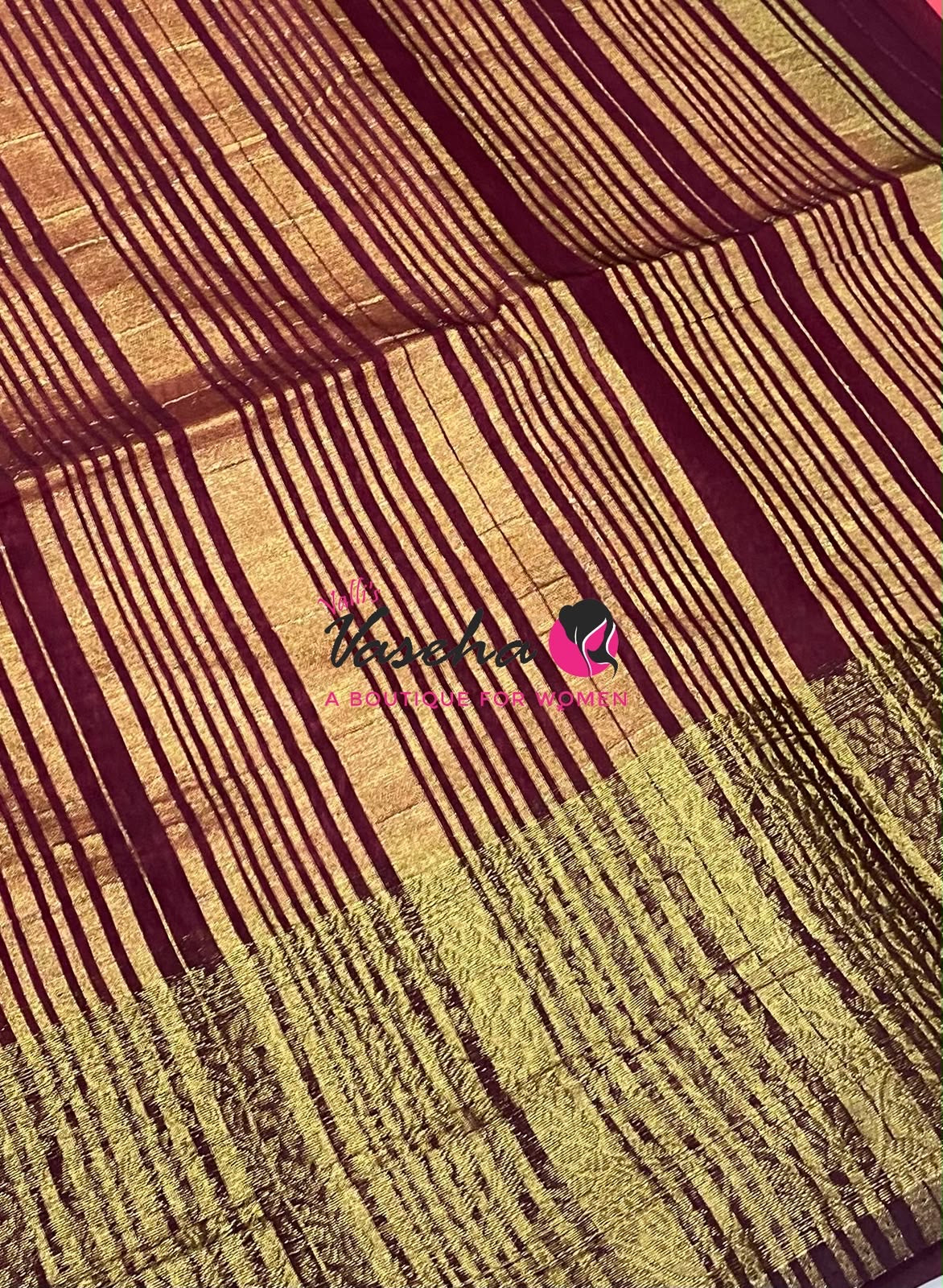 Semi Jute Silk Saree - Peach With Maroon Shade- VVSJS001
