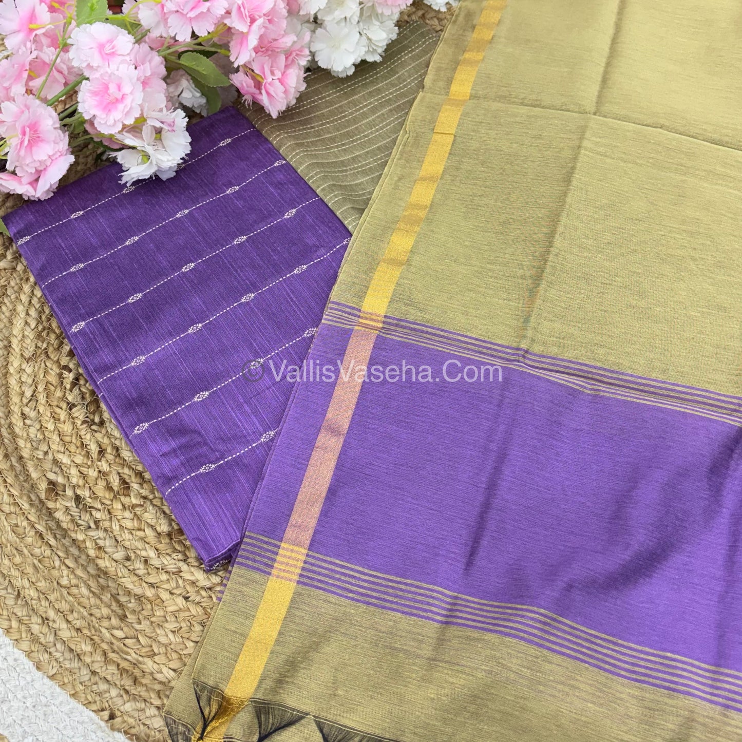 Unstitched Salwar Material -Raw Silk - Lavender with Cream Shade - VVUSM004