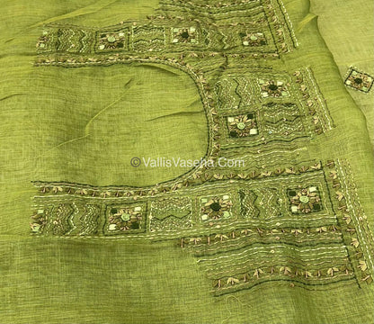 French Knot - Linen Tissue Saree -  Green shade - VVLFN003