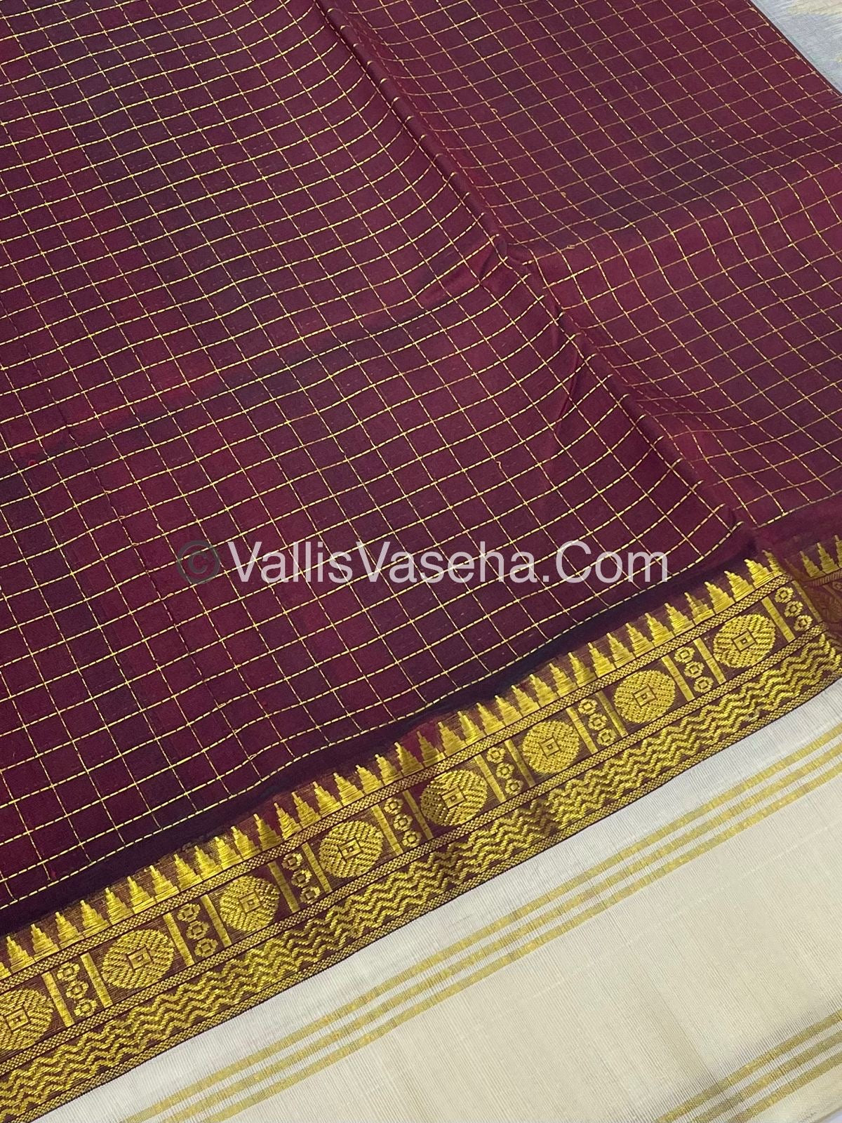 Pure Korvai Silk Cotton - Retta Petta Border - Meroonish Brown  with Cream Combo - VVKSC010