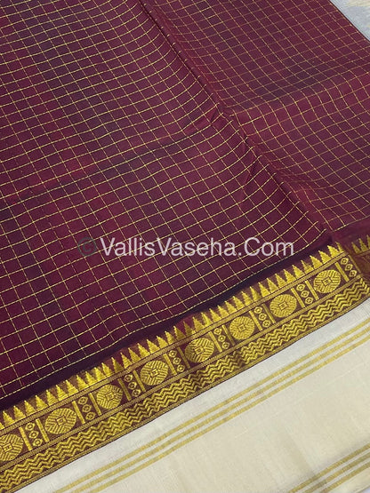 Pure Korvai Silk Cotton - Retta Petta Border - Meroonish Brown  with Cream Combo - VVKSC010