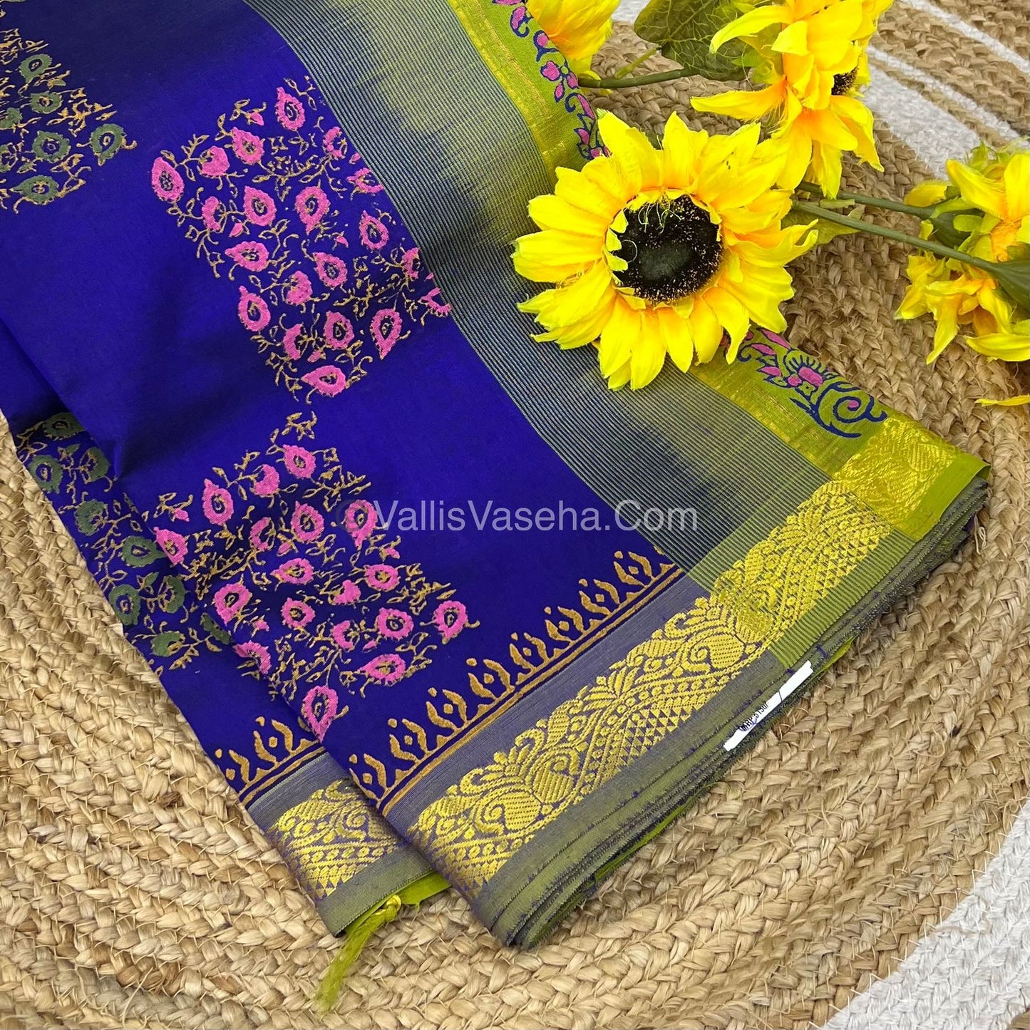 Pure Printed Silk Cotton Sarees - Blue with Green - VVPSC003
