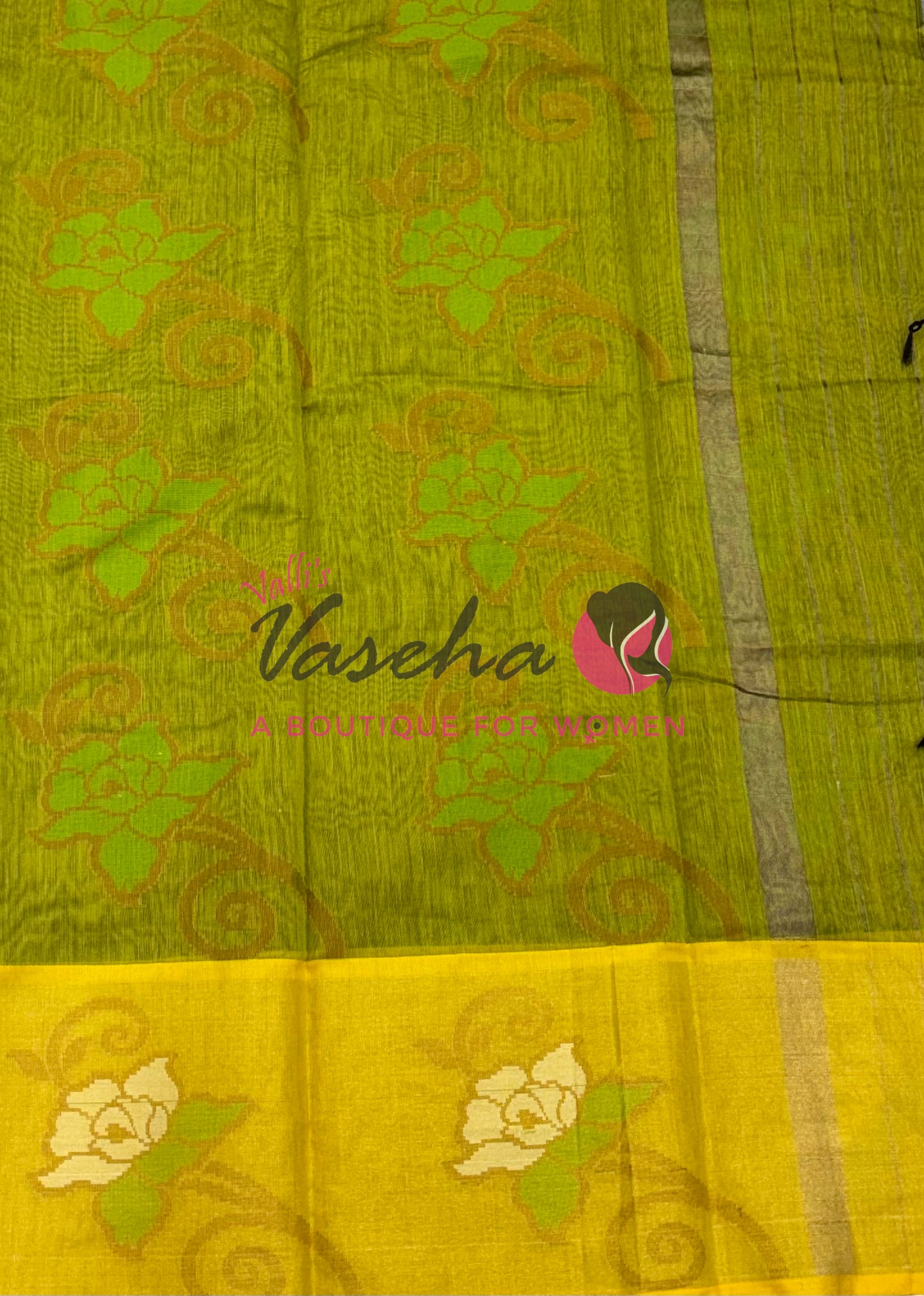 Banarasi Pochampally Weaving Semi Soft Cotton Saree - Blue with Lemon green - VVBPS001