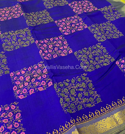 Pure Printed Silk Cotton Sarees - Blue with Green - VVPSC003