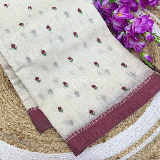 Semi Tussar Embroidery - Cream with Merun Combo - VVSTE001