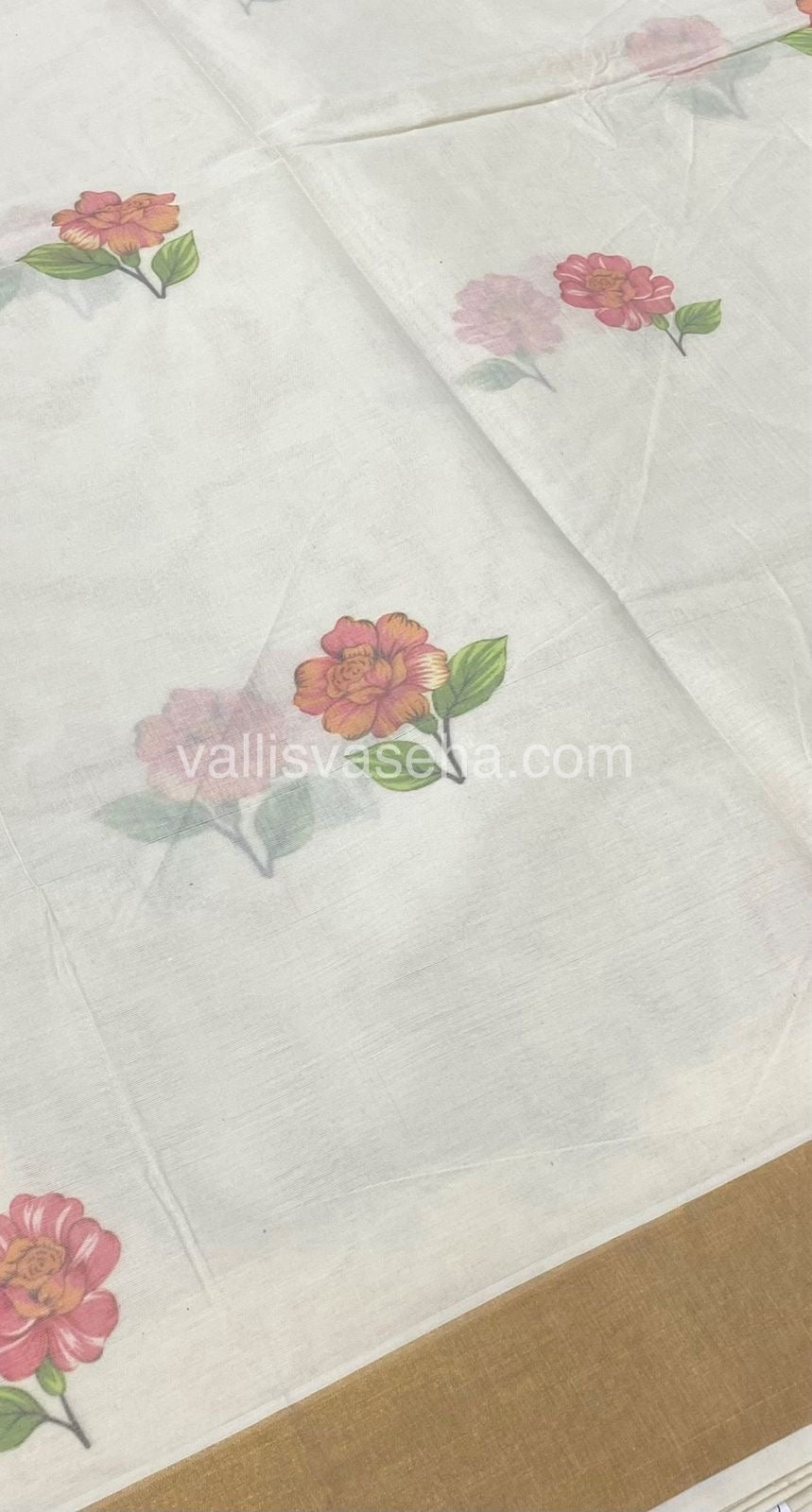 Kerala Cotton Saree - Cream With Golden Border - VVKCS001