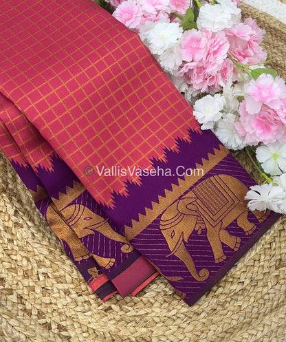 Kanchi Semi Silk - Elephant Border& design - Onion Peachish Pink with Purple - VVSSS005