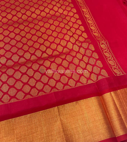 Pure Korvai Silk Cotton Saree - Half white / Cream With Red - Temple border - VVKSC001