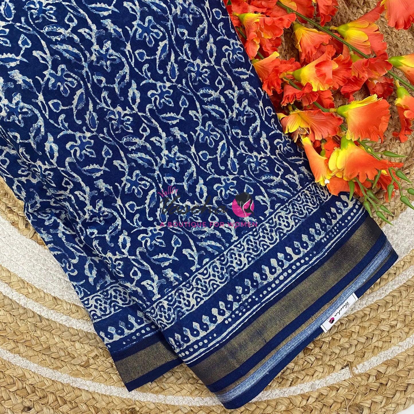 Semi Maheshwari Mixed Cotton Saree - Linen Feel - Indigo Blue - VVMSC008