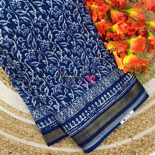 Semi Maheshwari Mixed Cotton Saree - Linen Feel - Indigo Blue - VVMSC008