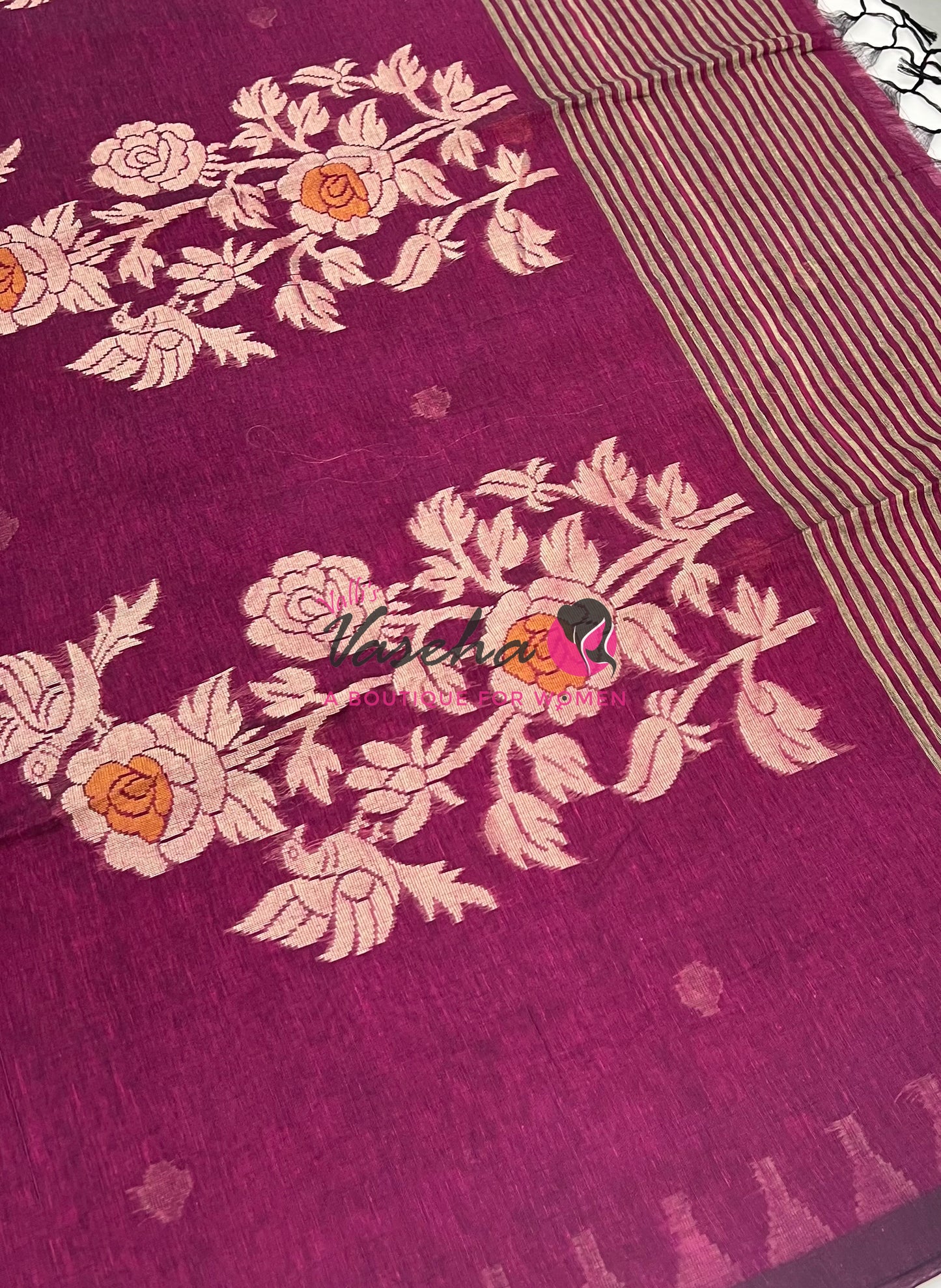 Bengal Kaddhi Cotton Saree | VVBKC001 |Dark Purplish Pink