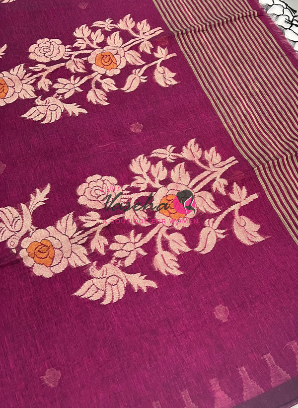 Bengal Kaddhi Cotton Saree | VVBKC001 |Dark Purplish Pink