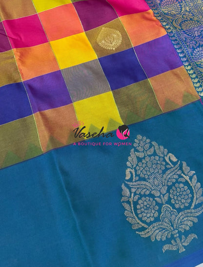 Semi Soft Silk  - Madras Checks Pattern - Peacock Blue Shade - VVSSS042