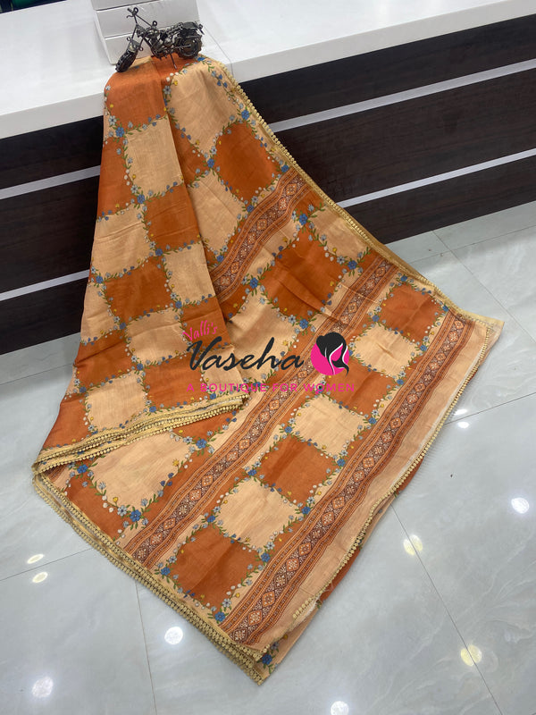 Linen Tissue Saree -  Light & Dark Combo - Dark Rust Orange Shade - VVLTS005