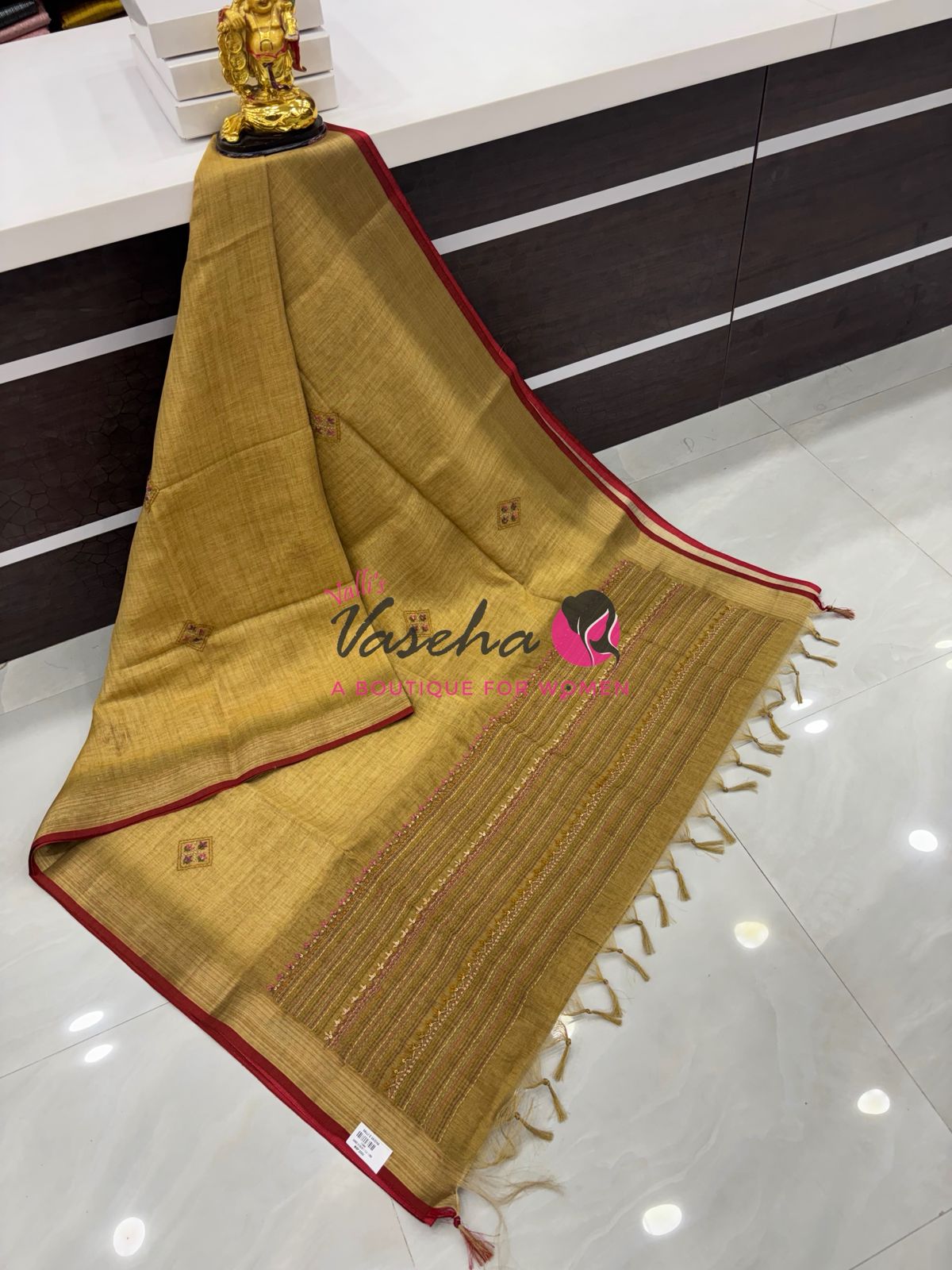 French Knot - Linen Tissue Saree - Mustard Green Shade - Heavy Work Blouse - VVLFN016