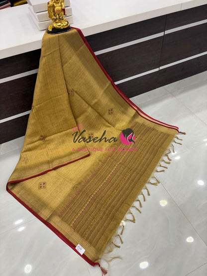 French Knot - Linen Tissue Saree - Mustard Green Shade - Heavy Work Blouse - VVLFN016