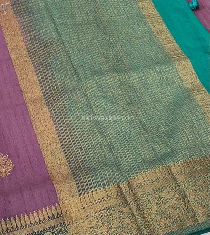 Bamboo Silk Saree - Dusty Wine with Ramar Greenish Blue Shade - VVBSS001